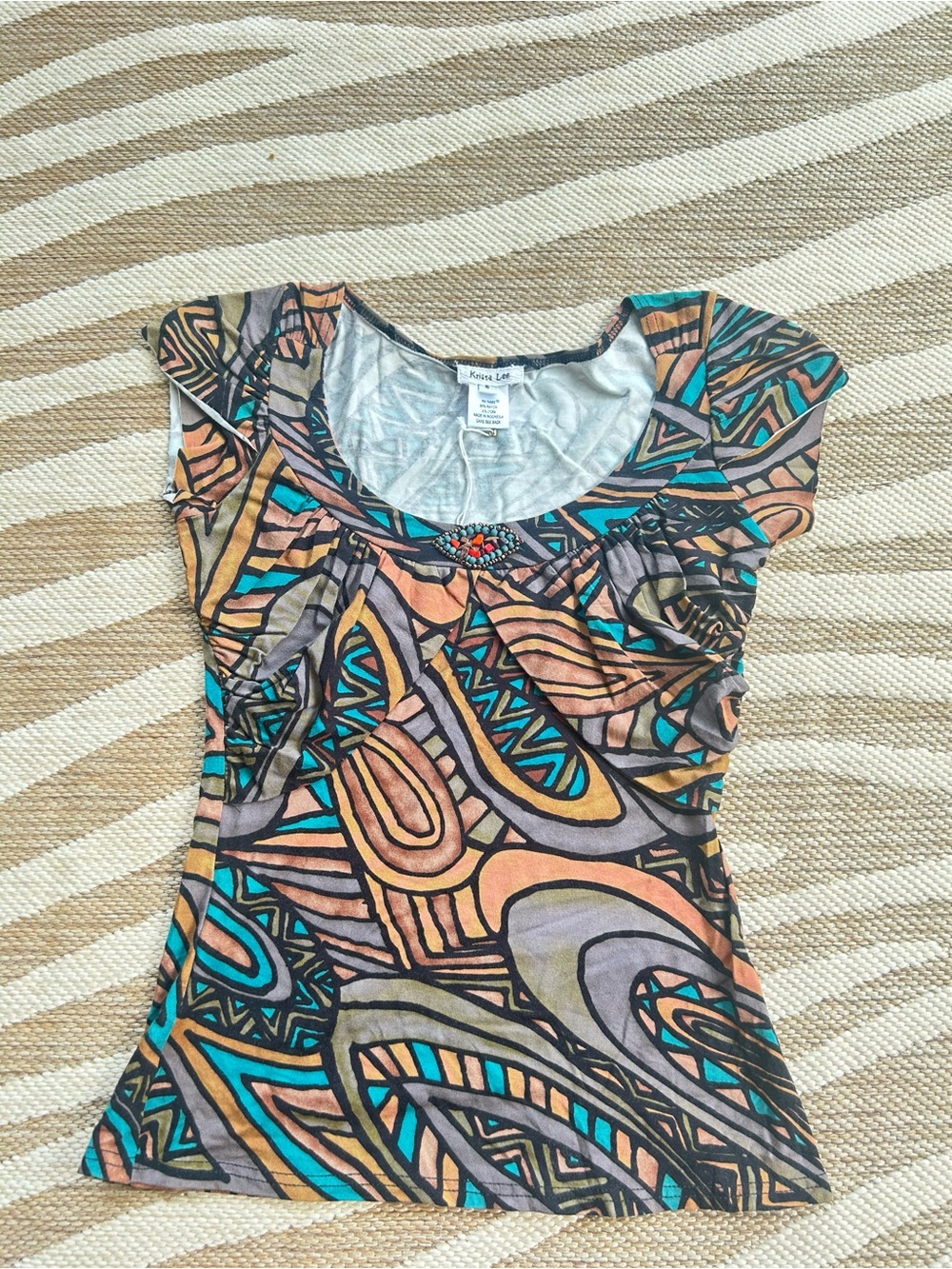 Vintage Y2K Multicolor Abstract Print Scoop Neck Tee with beaded detail - rayon